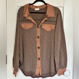NWOT Hailey & Co. Brown Knit Button-Up Shirt with Patterned Trim - size L